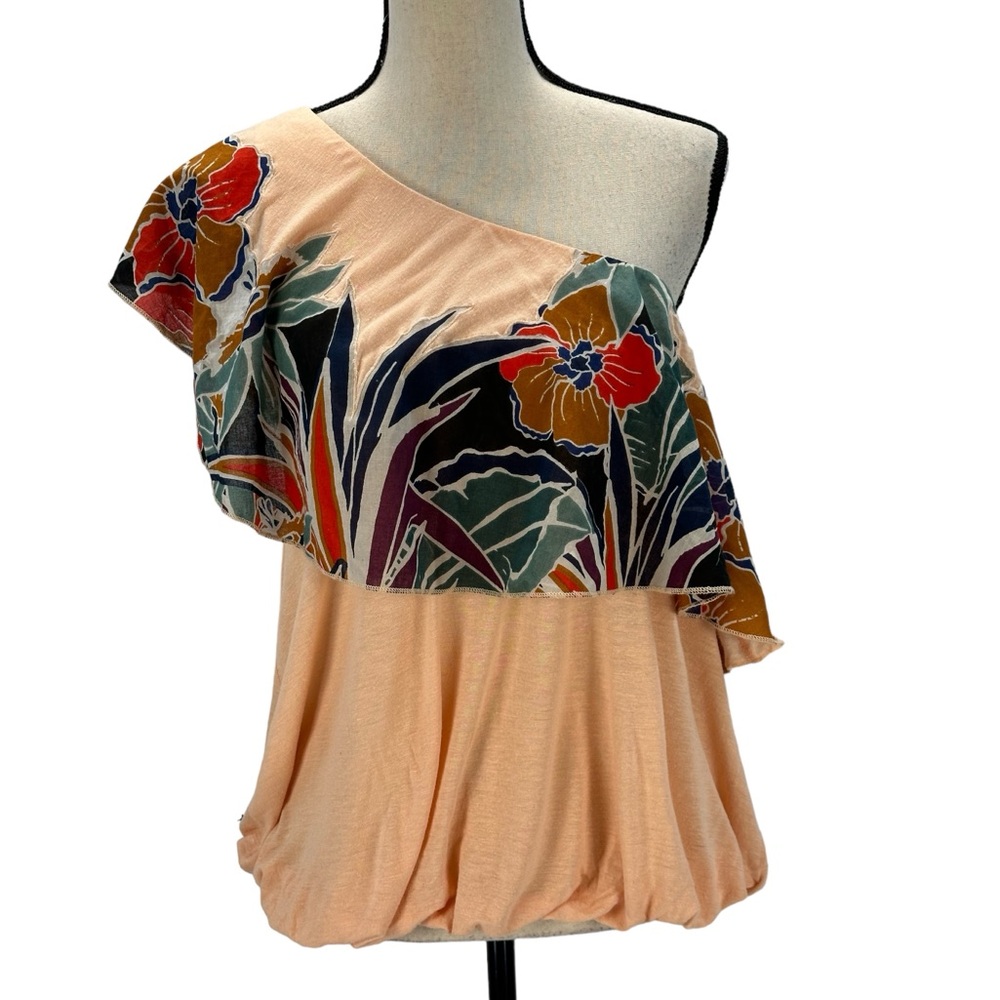 Free People One-Shoulder Floral Blouse in Peach and Multicolor